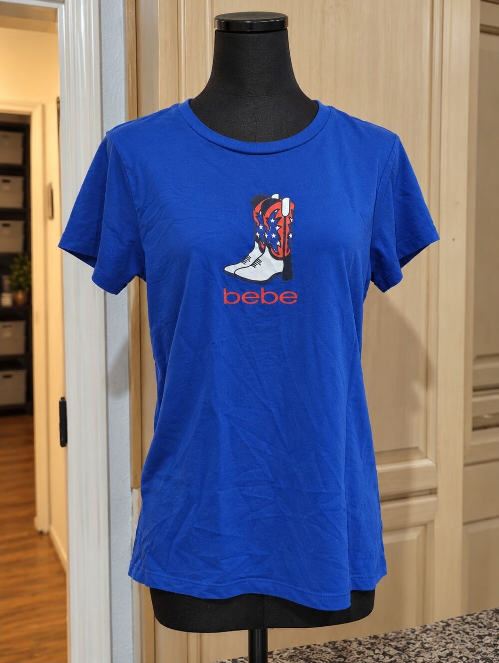 Bebe royal blue soft knit red white and blue cowboy boots printed tshirt size M